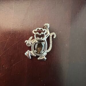 Silver Monkey Brooch with Black Gem
